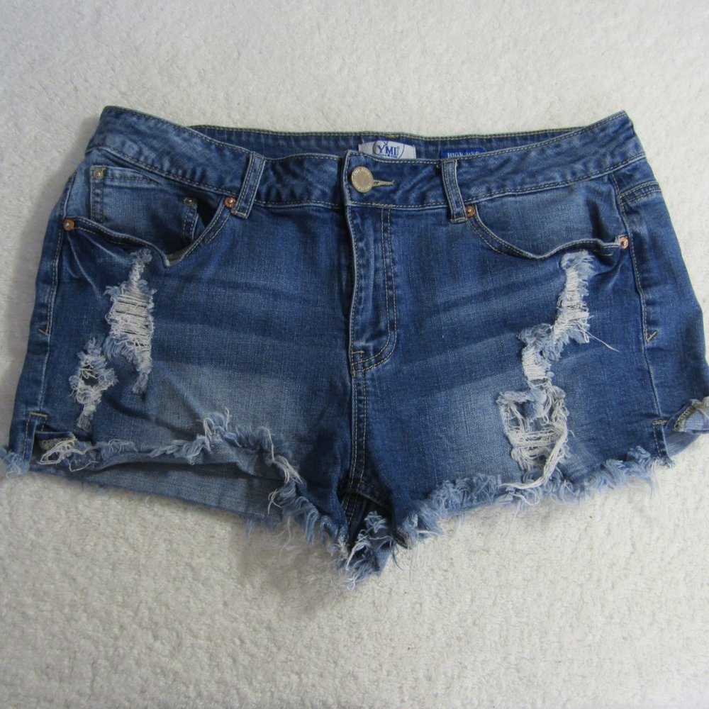 YMI Jeans Blue Denim High Rise Distressed Daisy Duke Booty Shorts Women's Sz 13